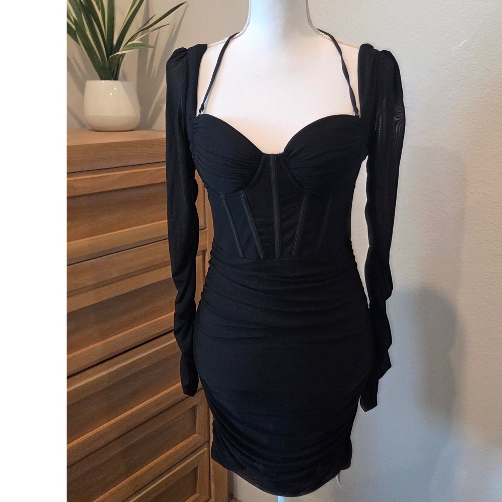 Corset Mini Dress Ruched Mesh Long Sleeve Black Glam Goth Night Out Size M
